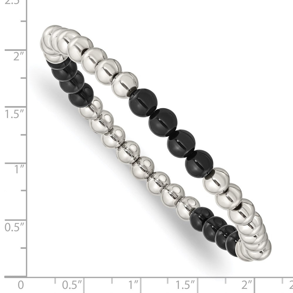 Stainless Steel Polished Black Onyx Beaded Stretch Bracelet 7.25 inches