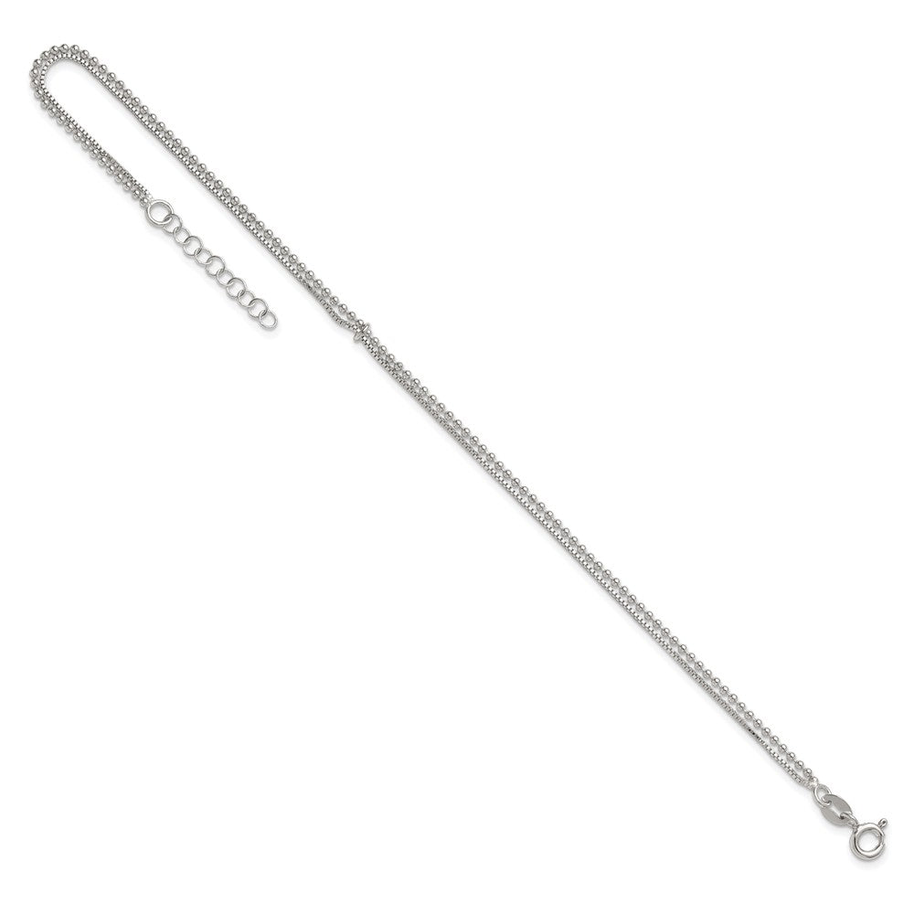 Sterling Silver Polished Beaded Double Strand 9 inch with 1 inch Extension Anklet