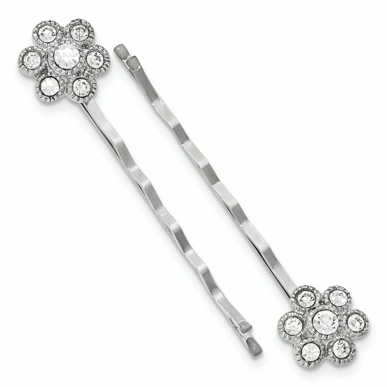 1928 Jewelry Set of 2 Silver-tone Clear Crystal Flower Hairpins QBF2416