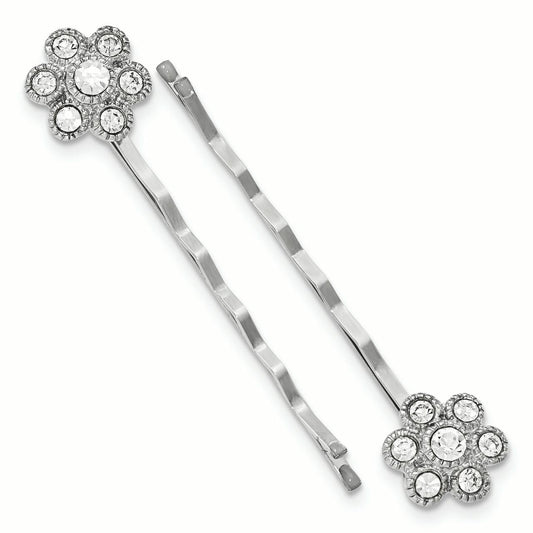 1928 Jewelry Set of 2 Silver-tone Clear Crystal Flower Hairpins QBF2416