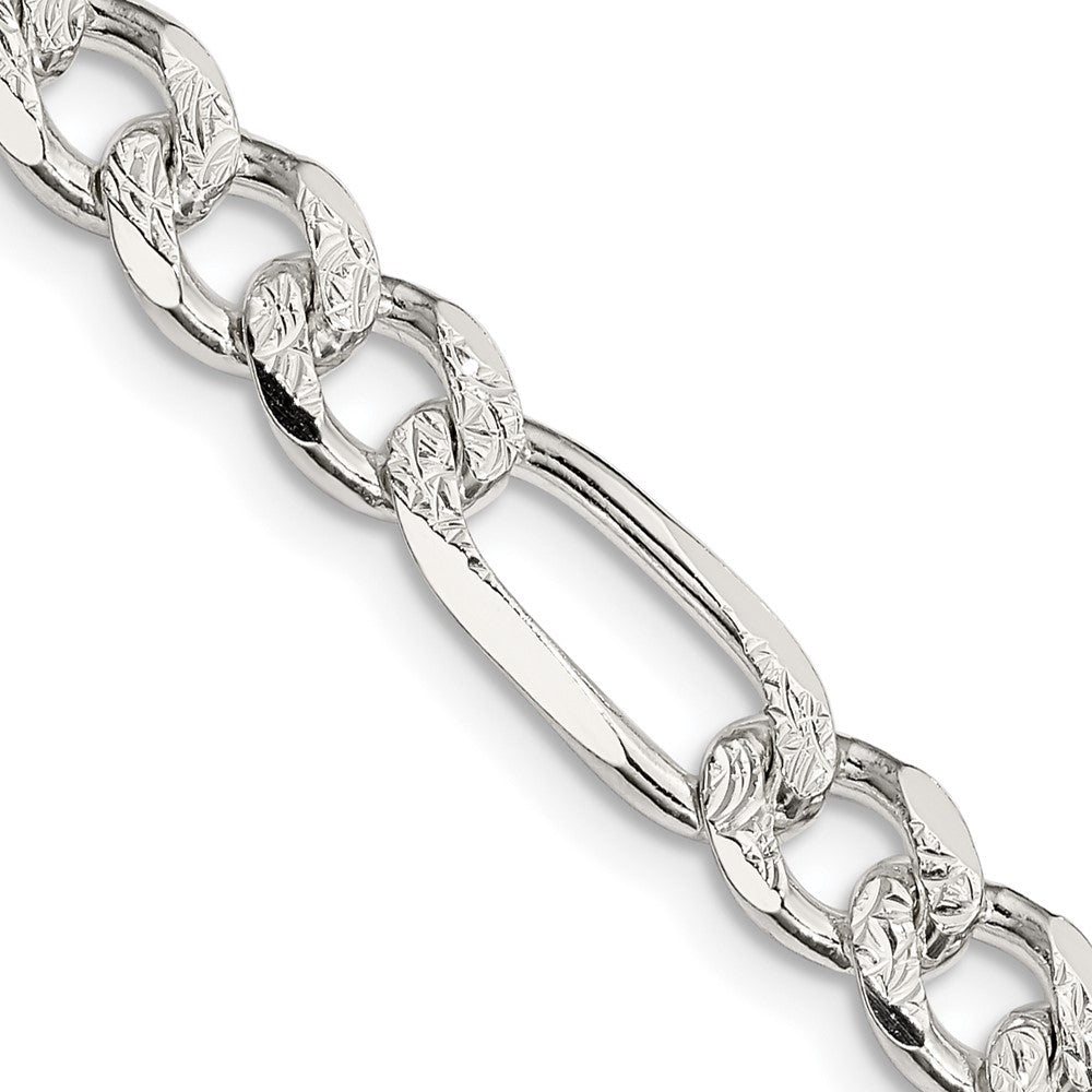 Sterling Silver 7.25mm Pav‚ Flat Figaro Chain 30 Inches