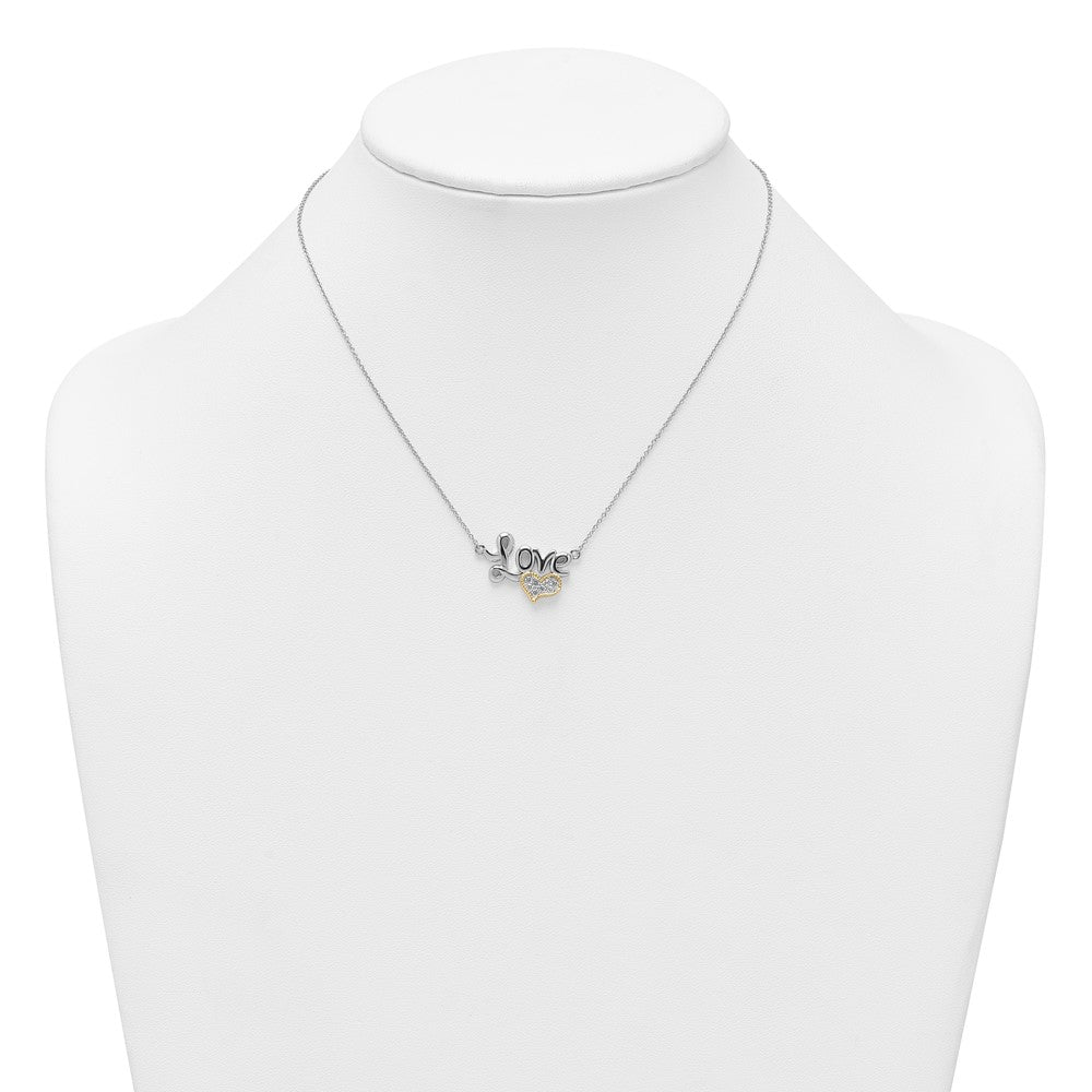 Sterling Silver Rhodium-plated with 14k Accent Polished CZ Love with Heart 16 inch with 2 inch Extension Necklace 16 Inches
