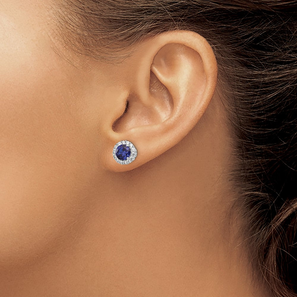 Cheryl M Sterling Silver Rhodium-plated Brilliant-cut Lab Created Dark Blue Spinel and Brilliant-cut White CZ Round Halo Post Earrings