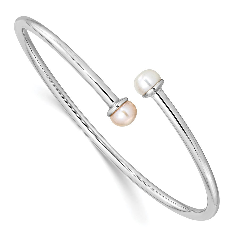 Sterling Silver Rhodium-plated 5-5.5mm Pink and White Button Freshwater Cultured Pearl Flexible Children's Bangle 6 inches
