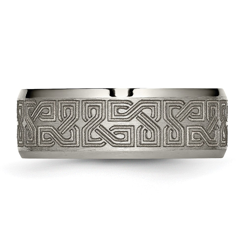 Titanium Brushed & Polished Greek Key Laser Design 8mm Beveled Band Size - 9.5