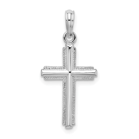 De-Ani Sterling Silver Rhodium-Plated Polished Striped Border Latin Cross Pendant