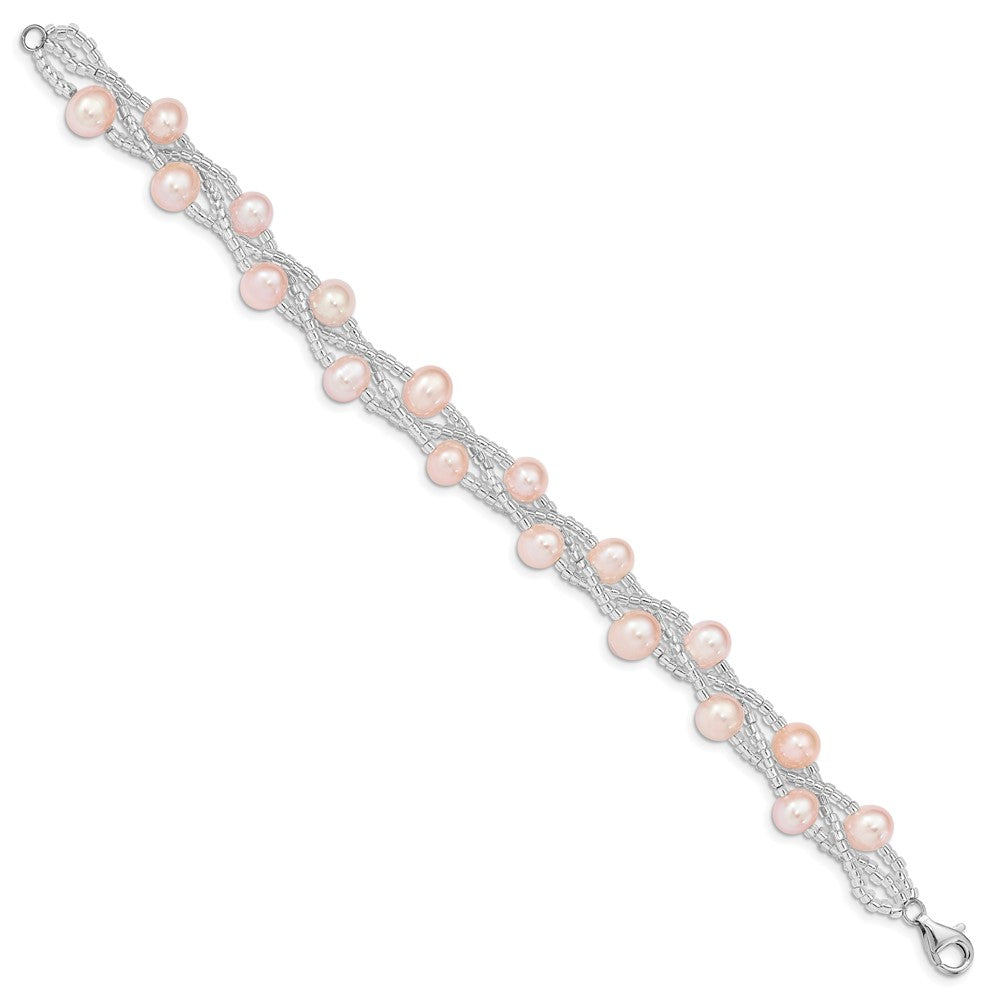 Sterling Silver Rhodium-plated 7-9mm Pink Semi-Round Freshwater Cultured Pearl and Glass Beaded 7.5 inch Bracelet 7.5 inches