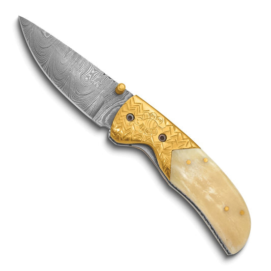 Luxury Giftware by Jere Damascus Steel 256 Layer Folding Blade Camel Bone Handle Knife with Leather Sheath and Wooden Gift Box