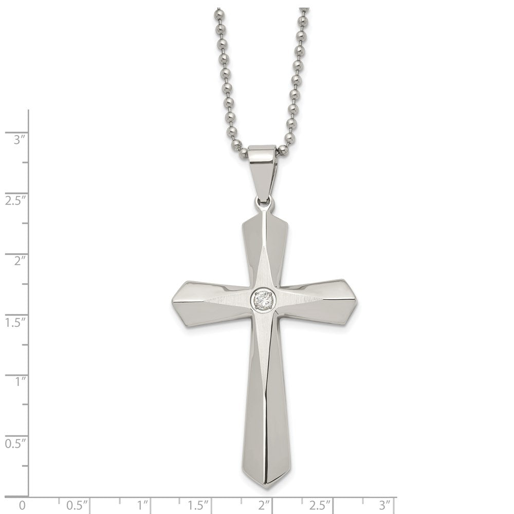 Stainless Steel Brushed and Polished w/CZ Cross 24in Necklace