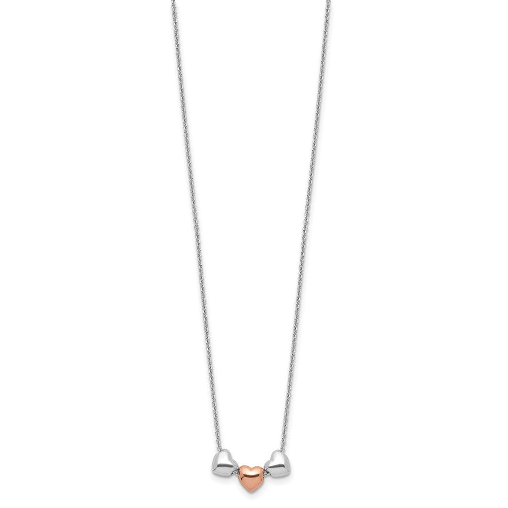 Sterling Silver Rhodium Rose-tone 3-Hearts w/.75 ext Necklace 18 Inches