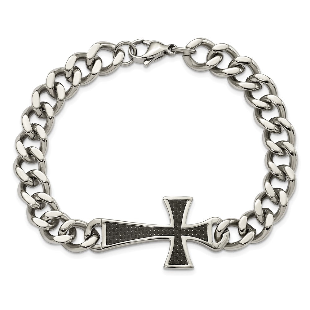 Stainless Steel Polished Black Carbon Fiber Inlay Cross 8.5in Bracelet 8.5 inches