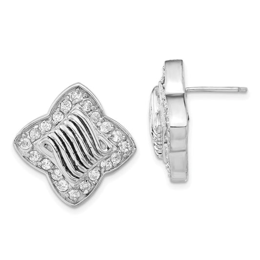 Sterling Silver Polished & Antiqued CZ Post Earrings