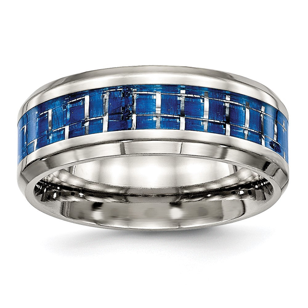 Stainless Steel Polished w/Blue Carbon Fiber Inlay 8mm Beveled Edge Band Size - 7