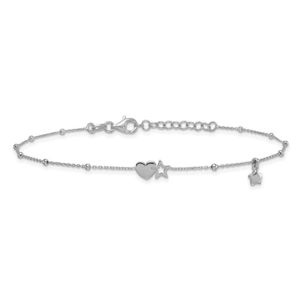 Sterling Silver Rhodium-plated Heart and Stars with Beads 9 inch with 1 inch Extension Anklet