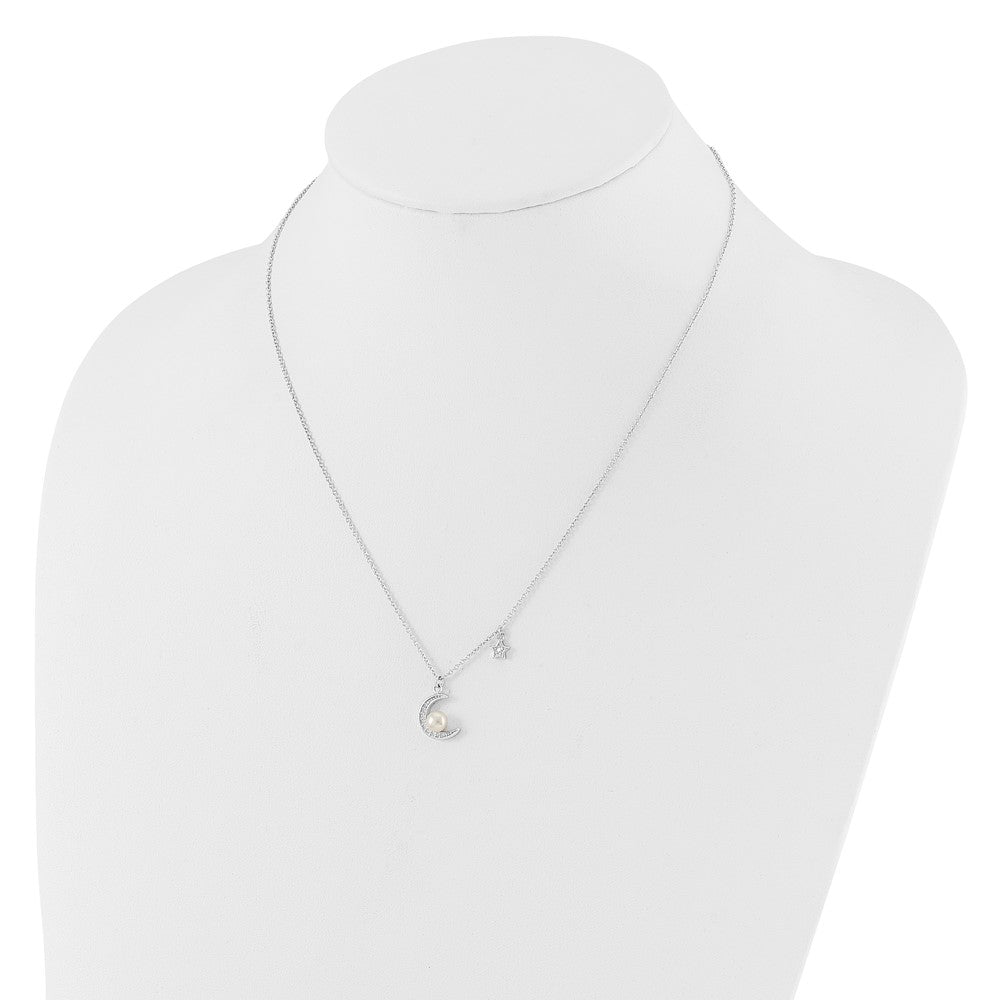 Sterling Silver Rhod-plated CZ and FWC Pearl Moon and Star 18in Necklace 18 Inches