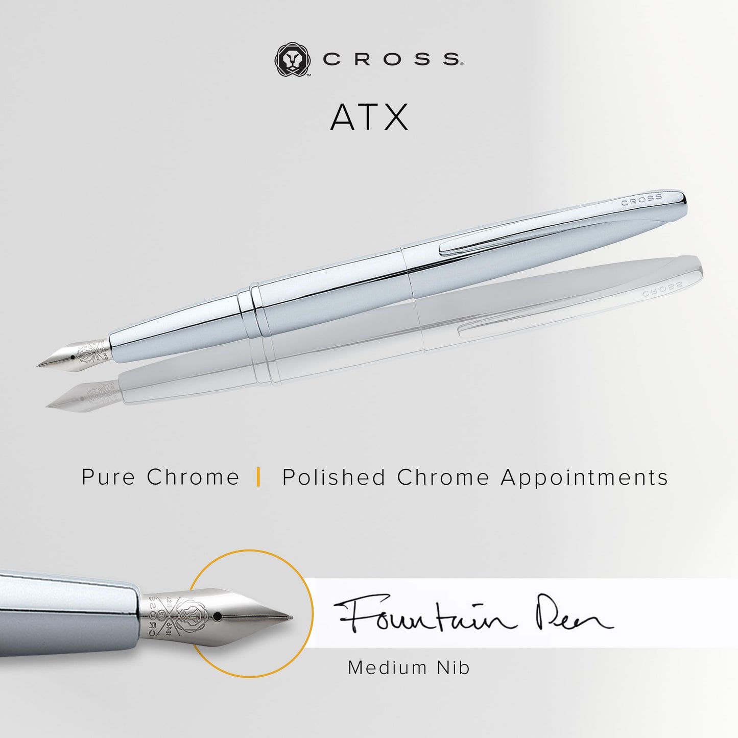 Cross ATX Refillable Fountain Pen, Medium Nib, Includes Premium Gift Box - Pure Chrome