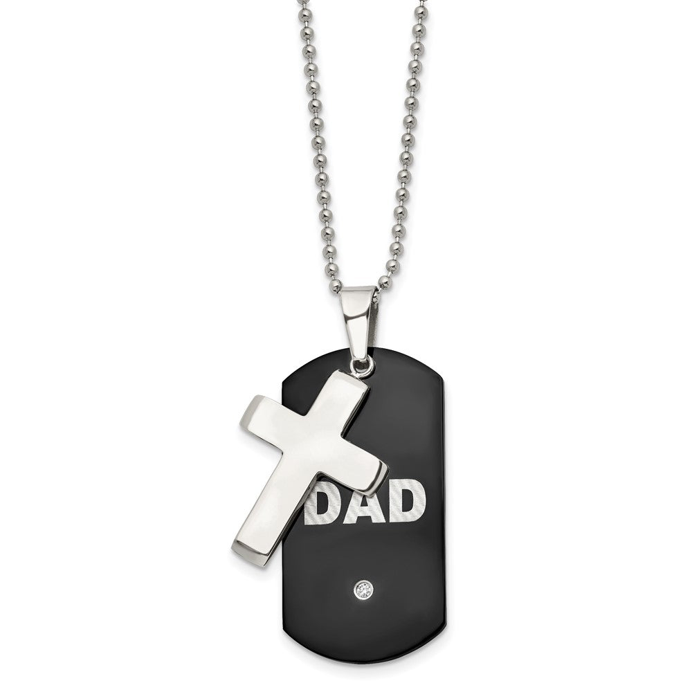 Stainless Steel Polished Black IP-plated Dog Tag with CZ Cross Necklace
