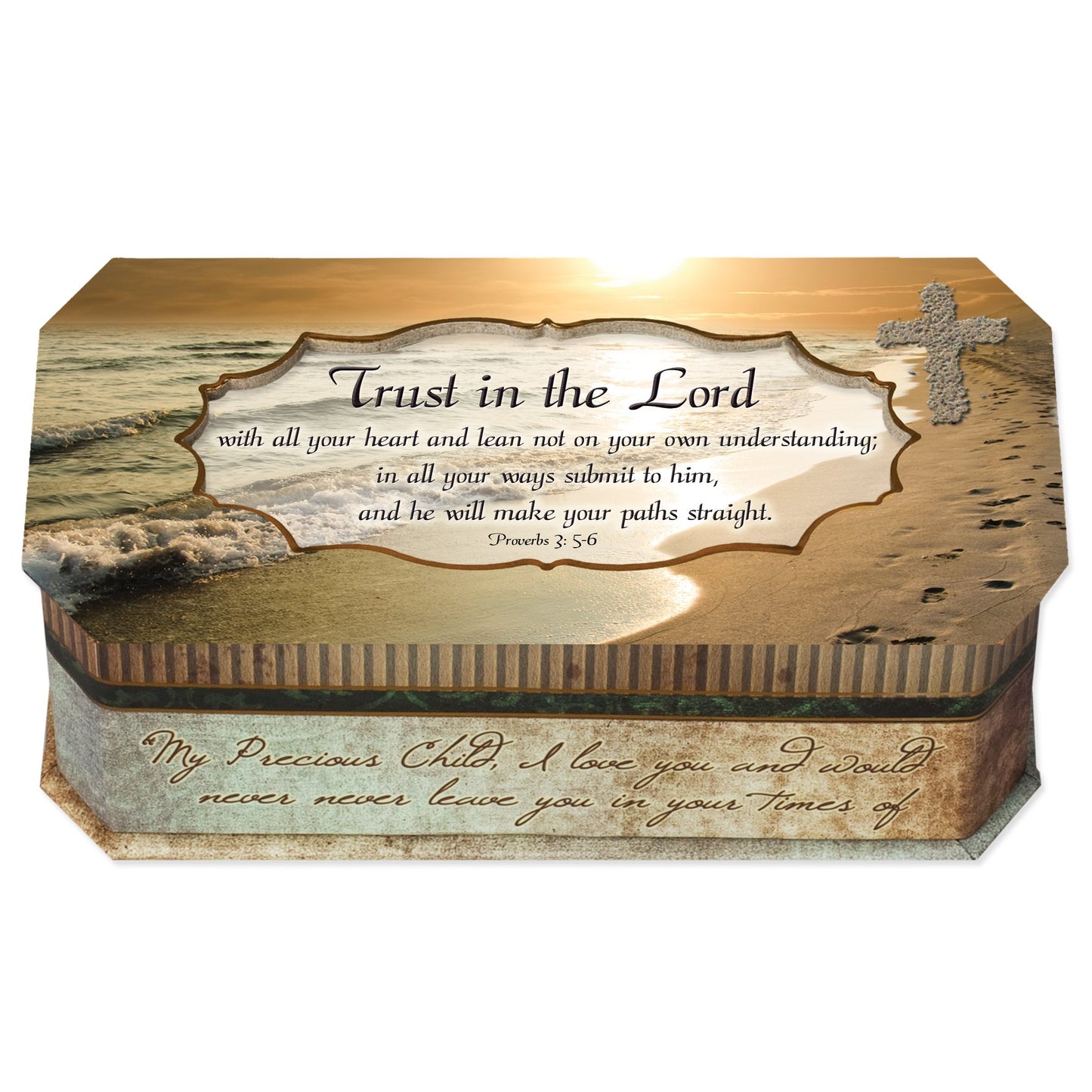 Trust in the Lord Footprints in the Sand Design Jewelry Music Box - Plays Song How Great Thou Art