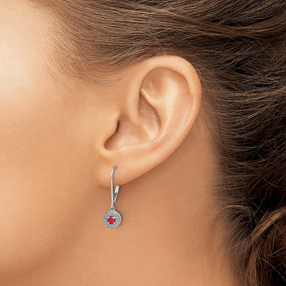 14k White Gold Diamond Halo Ruby Leverback Dangle Earrings