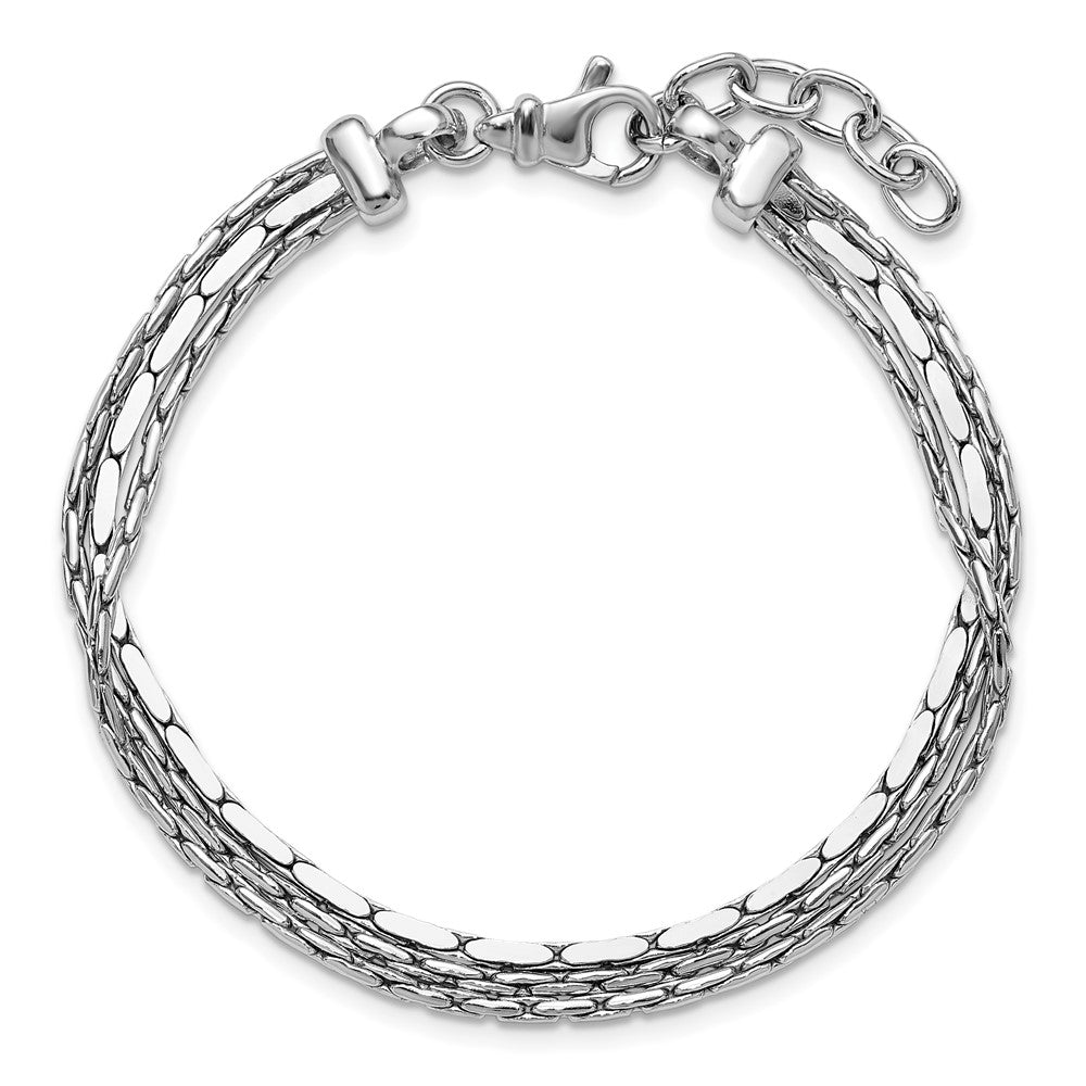 SS RH-plated Polished 3-Strand Fancy w/1in ext. Bracelet 8  inches