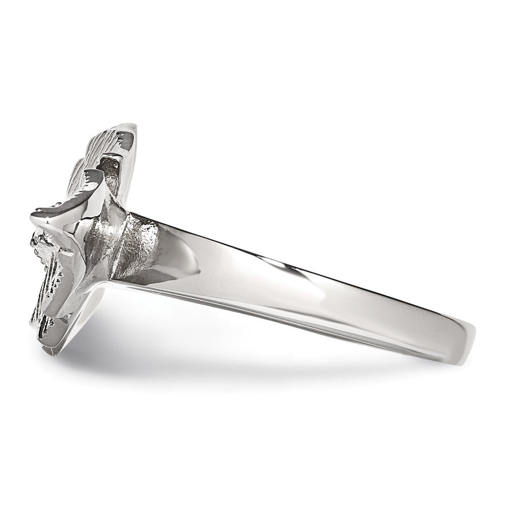 Stainless Steel Polished & Antiqued Leaf Two Finger 7/8 Crystal Ring