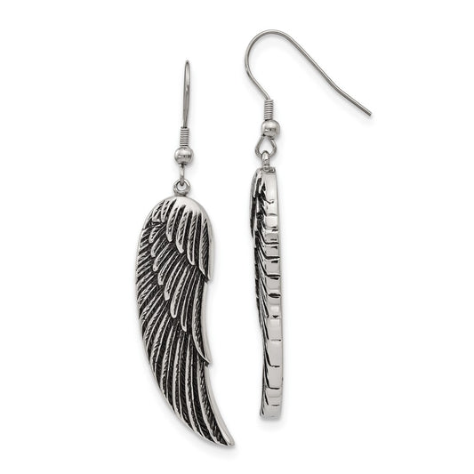 Stainless Steel Antiqued and Polished Wing Dangle Shepherd Hook Earrings
