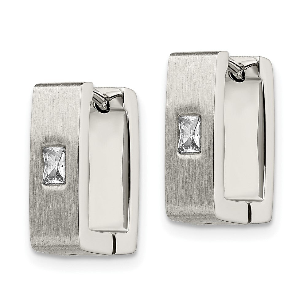 Stainless Steel Brushed & Polished w/CZ 5mm Square Hinged Earrings