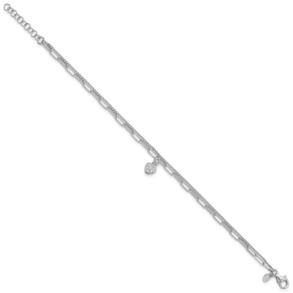 Sterling Silver Rhodium-plated CZ Heart 6.75in w/1in ext. Bracelet 8 inches