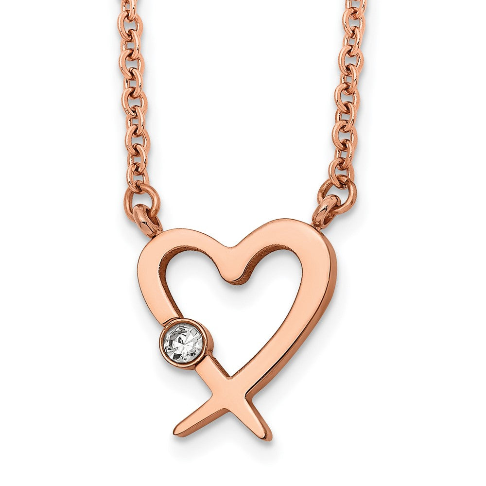 Stainless Steel Polished Rose IP w/Austrian Crystal Heart w/2in ext Necklac