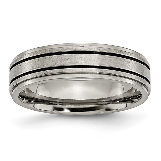 Titanium Brushed Center Black Enamel 6mm Ridged Edge Band Size - 9