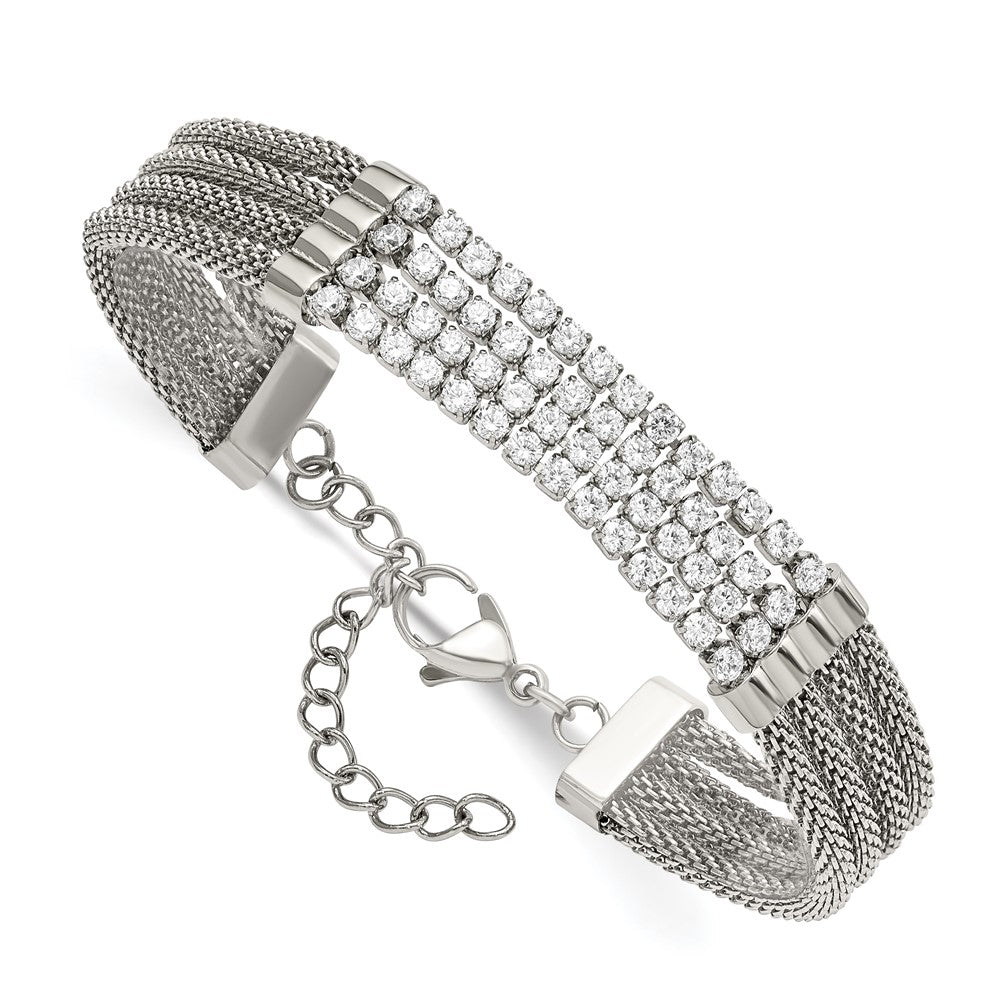 Stainless Steel Polished w/CZ Multi Strand 6.5in w/1.5in ext. Bracelet 6.5 inches