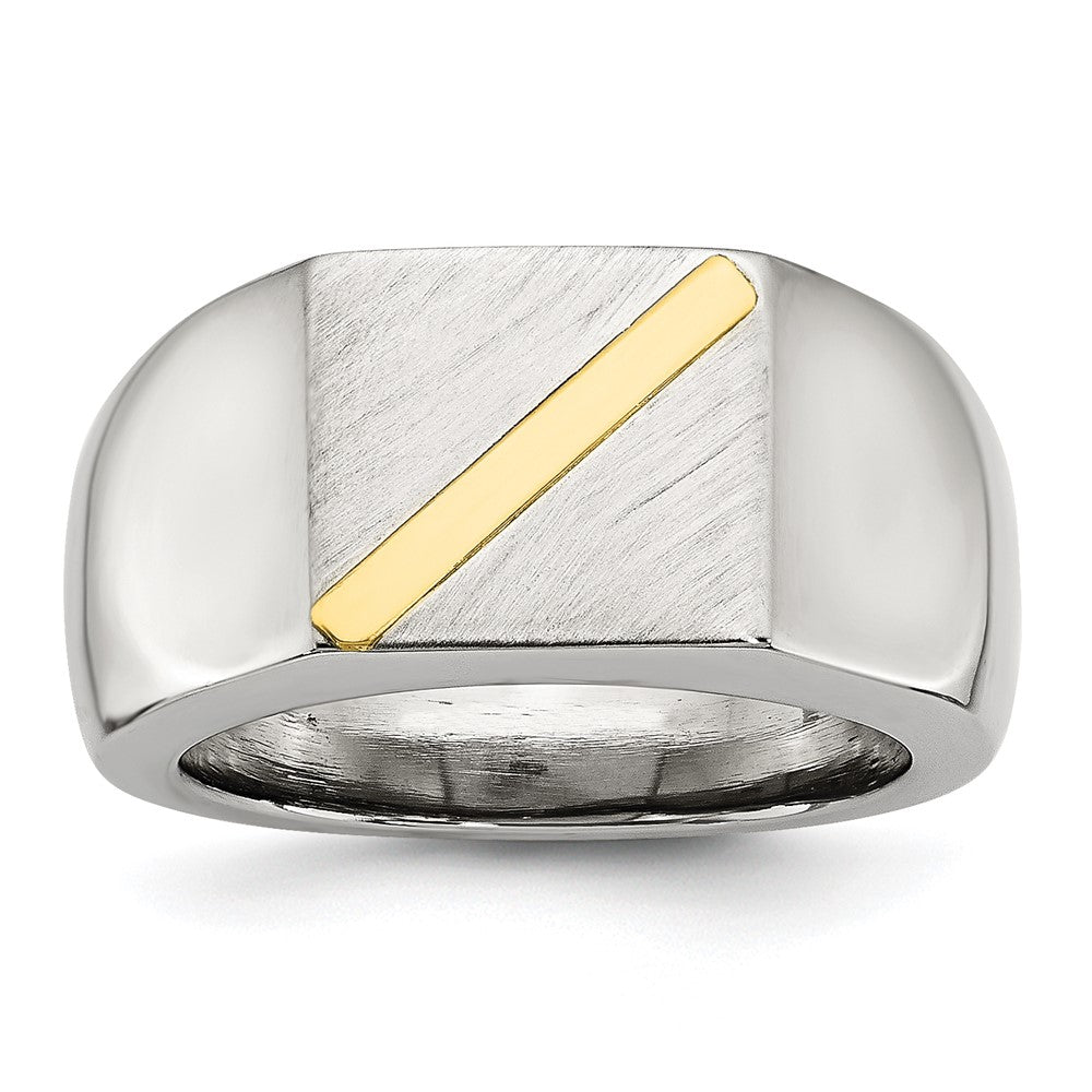 Stainless Steel Brushed and Polished with 14K Gold Stripe Signet Ring Size - 9