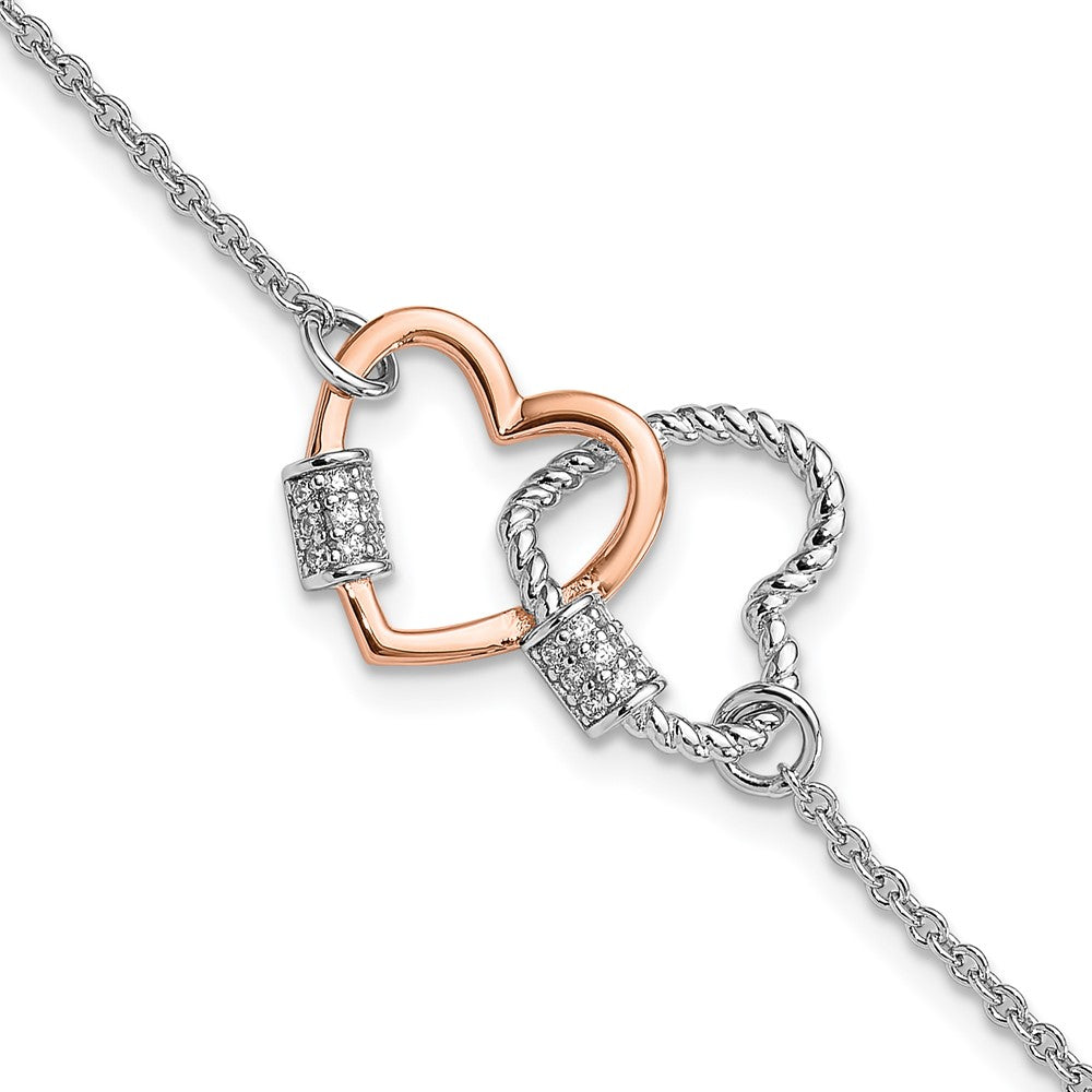 Sterling Silver Rh-plated Rose-tone Double Heart 7in w/1in ext Bracelet 8 inches
