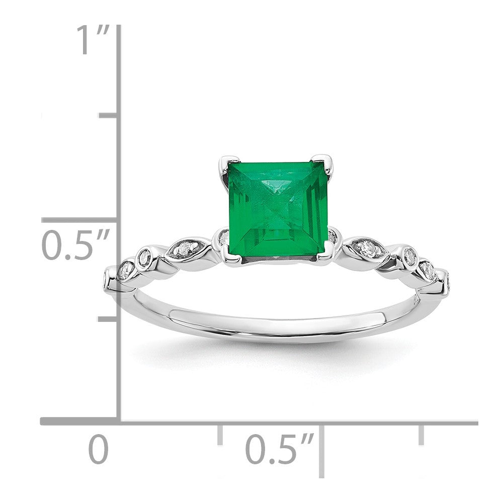 Sterling Silver Polished 6mm Cr Emerald and Diamond Ring