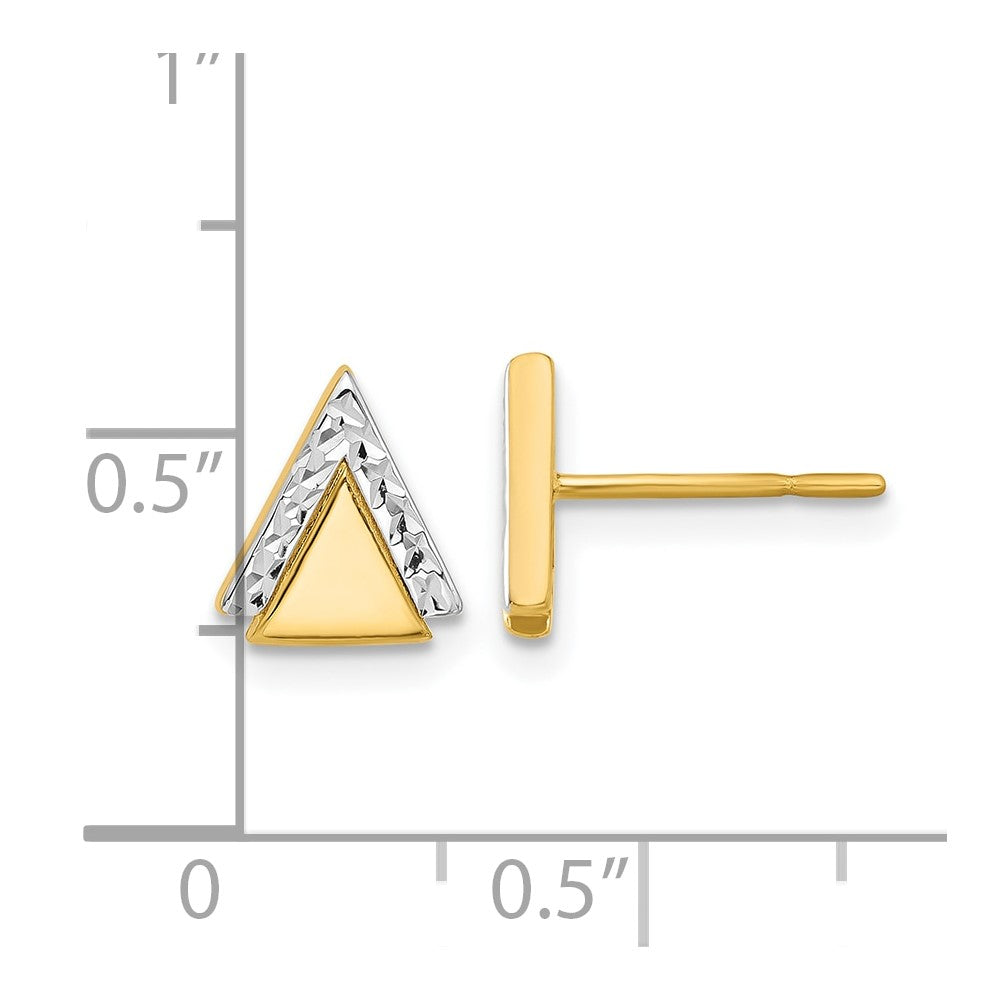 14K with Rhodium Polished and Diamond-cut Triangle Post Earrings