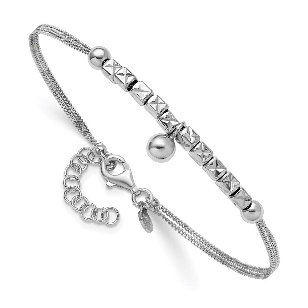 Sterling Silver RH-plat Pol. Fancy 2-strand w/1in ext. Bracelet 8  inches