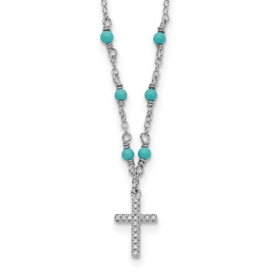Sterling Silver RH-plated CZ Cross Synth. Turquoise 2in ext Necklace 16 Inches