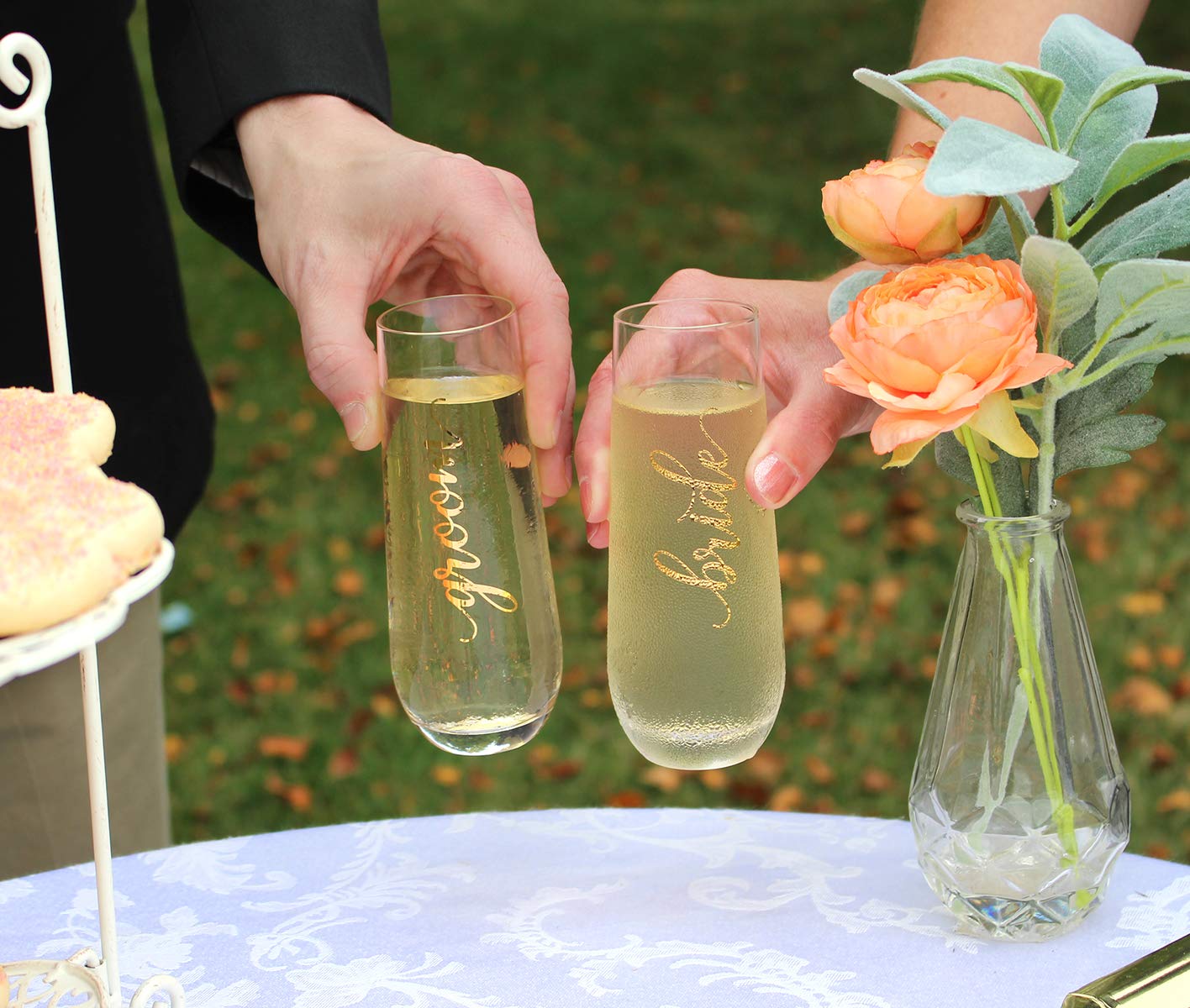 Lillian Rose Gold Groom Stemless Champagne Glass, 8oz, Clear