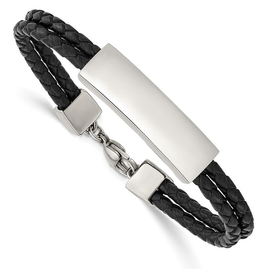 Stainless Steel Polished Black Leather 2 Strand 7in ID Bracelet 7 inches