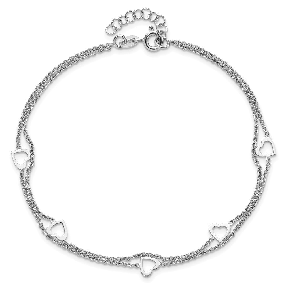 Sterling Silver Rhodium-plated 2-Strand 9 in Plus 1in ext. Heart Anklet 9 inches