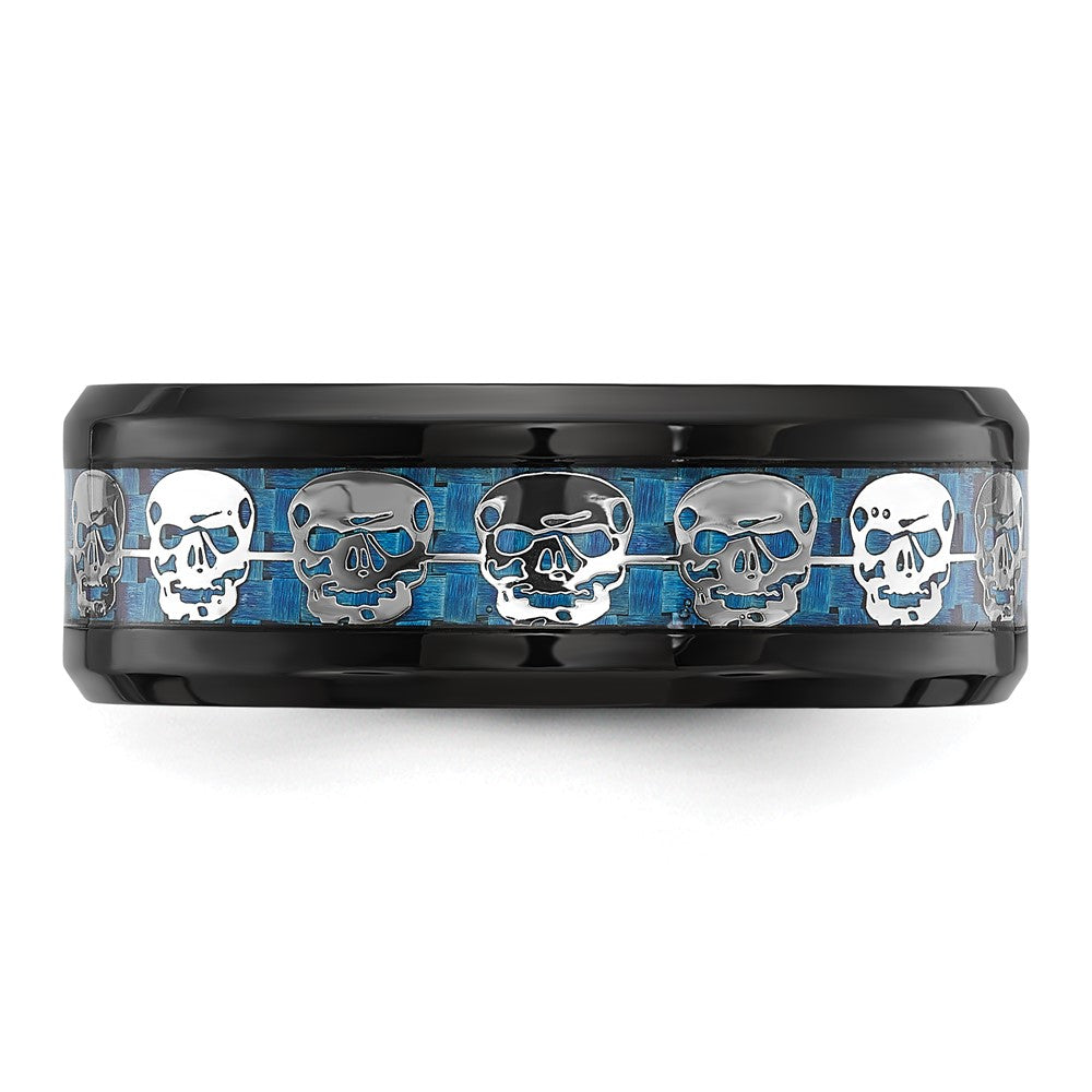Chisel Stainless Steel Polished Black IP-plated Skulls with Blue Carbon Fiber Inlay 8mm Band Size - 13