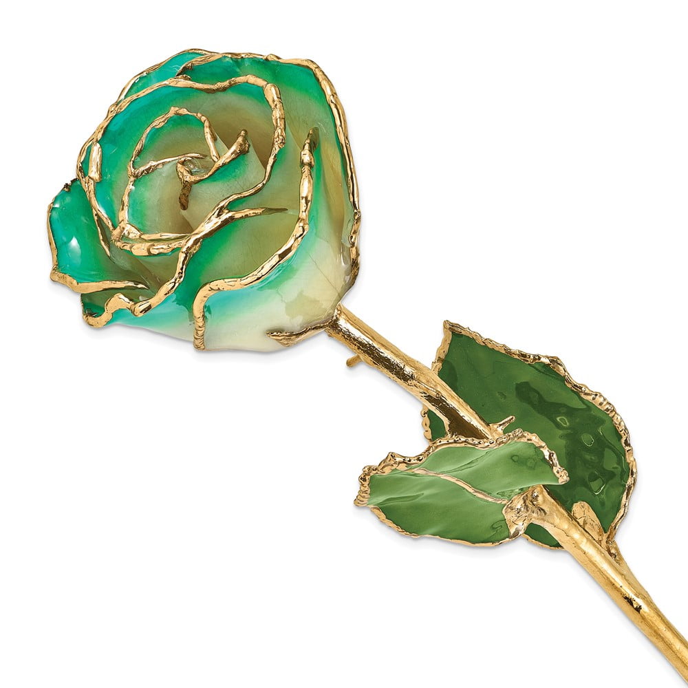 Lacquer Dipped Gold Trimmed White/Turquoise Green Real Rose QGM22716