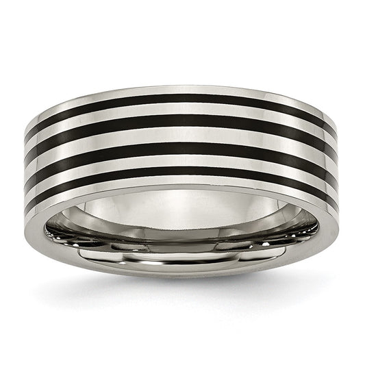 Titanium Polished Black Enamel Striped 8mm Flat Band Size - 6