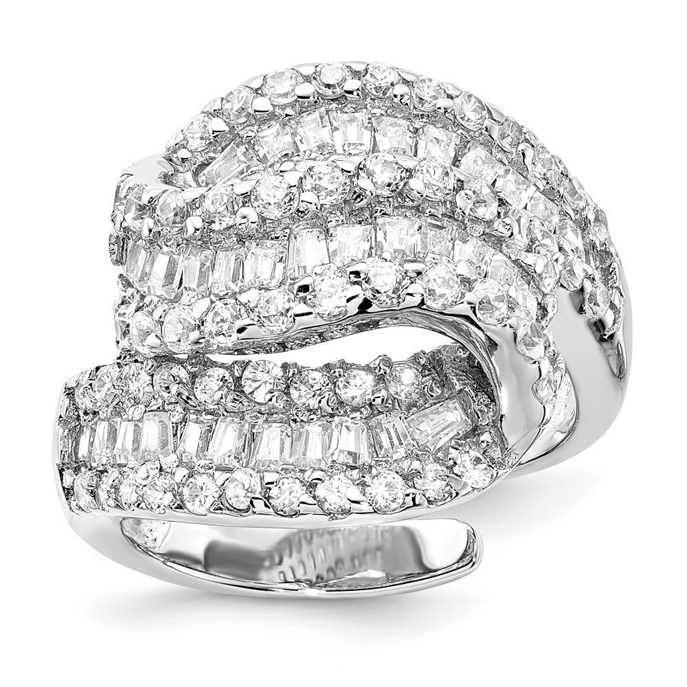 SS RHODIUM PLATE WHITE CZ RIGHT HAND RING WITH TAPER BAGUETTES-6