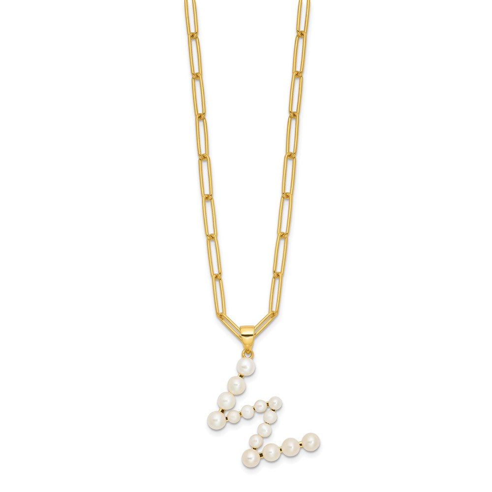 Sterling Silver Gold-plated 3-5.5mm White Button Freshwater Cultured Pearl LETTER W 18 inch Necklace