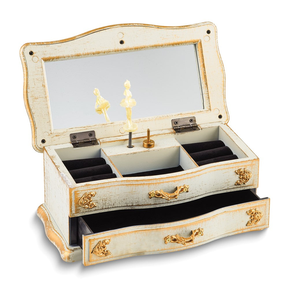 Antiqued White and Gold-tone Accent Floral Mirrored Musical Jewelry Box (Plays Fur Elise)