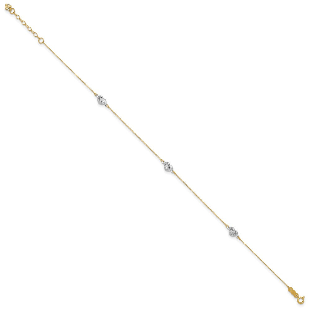 14k Two-tone Puff Heart 9in Plus 1in ext Anklet 10 inches