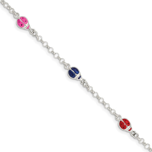 Sterling Silver Multi-color Enamel Ladybugs w/ 1in ext. Children's Bracelet 6 inches