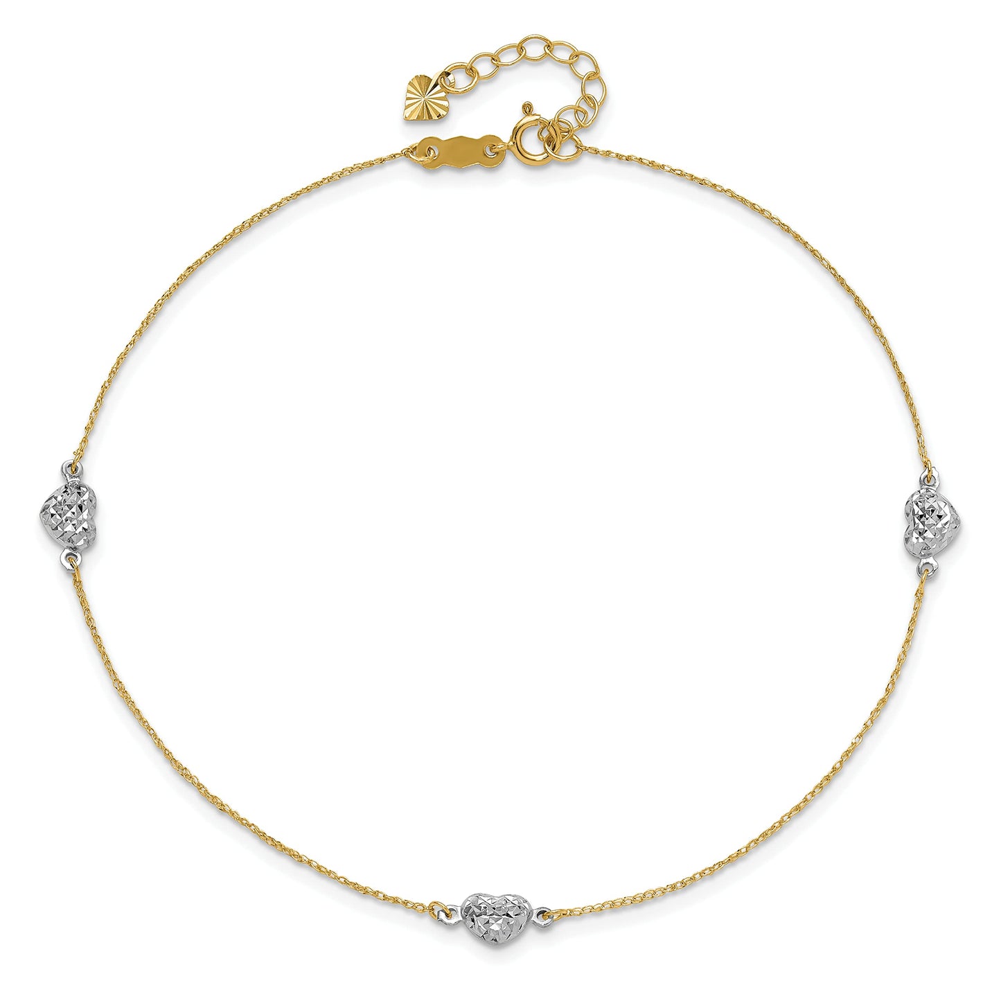 14k Two-tone Puff Heart 9in Plus 1in ext Anklet 10 inches