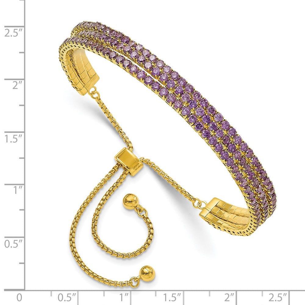 SS Gold Tone February Purple Triple CZ Adjustable Bracelet
